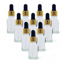 Load image into Gallery viewer, 15ml Clear Glass Bottles with Gold/Black Glass Pipettes