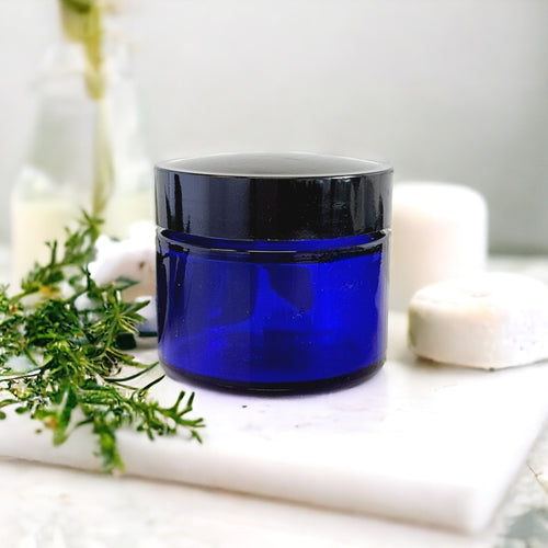 50ml Cobalt Blue Glass Jar with Airtight Black Lid - Luxury Cosmetic Container for Creams & Salves, 51mm Neck Diameter