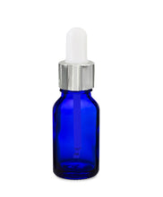 Load image into Gallery viewer, 15ml Blue Glass Bottles with Silver/White Glass Pipettes
