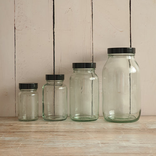 Clear Wide Mouth Glass Pill Jars with Black Lids