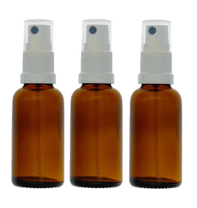 30ml Amber Glass Bottles with White Atomiser Spray and Clear Overcap