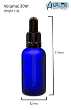 Load image into Gallery viewer, 30ml Blue Glass Bottles with Tamper Resistant Glass Pipettes