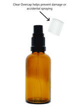 Load image into Gallery viewer, 50ml Amber Glass Bottles with Black Atomiser Spray and Clear Overcap