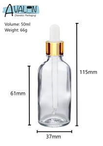 50ml Clear Glass Bottles with Gold/White Glass Pipettes