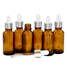 Load image into Gallery viewer, 30ml Amber Glass Bottles with Silver/White Glass Pipettes