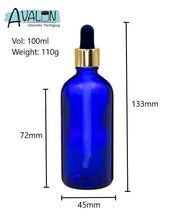 Load image into Gallery viewer, 100ml Blue Glass Bottles with Gold/Black Glass Pipettes