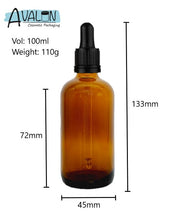 Load image into Gallery viewer, 100ml Amber Glass Bottles with Tamper Resistant Glass Pipettes