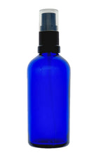 Load image into Gallery viewer, 100ml Blue Glass Bottles with Black Atomiser Spray and Clear Overcap