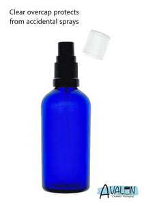 100ml Blue Glass Bottles with Black Atomiser Spray and Clear Overcap