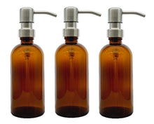Load image into Gallery viewer, 300ml Amber Glass Soap Dispenser Bottles with Brushed Steel Metal Pump