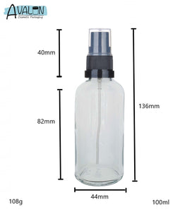 100ml Clear Glass Bottles with Black Atomiser Spray and Clear Overcap