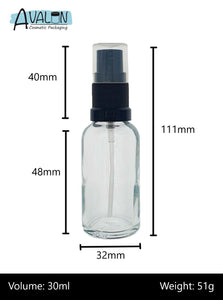 30ml Clear Glass Bottles with Black Atomiser Spray and Clear Overcap