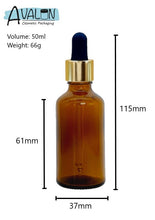Load image into Gallery viewer, 50ml Amber Glass Bottles with Gold/Black Glass Pipettes