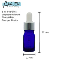 Load image into Gallery viewer, 5ml Blue Glass Bottles with Silver/White Glass Pipettes