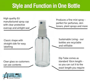 30ml Clear Glass Bottles with White Atomiser Spray and Clear Overcap