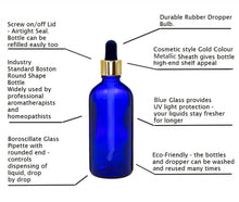 Load image into Gallery viewer, 100ml Blue Glass Bottles with Gold/Black Glass Pipettes