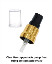 Load image into Gallery viewer, 50ml Amber Glass Bottles with Gold/Black Treatment Pump and Clear Overcap