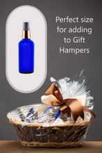 Load image into Gallery viewer, 100ml Blue Glass Bottles with Gold/Black Treatment Pump and Clear Overcap