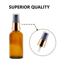 Load image into Gallery viewer, 50ml Amber Glass Bottles with Gold/Black Treatment Pump and Clear Overcap