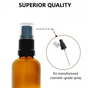 50ml Amber Glass Bottles with Black Atomiser Spray and Clear Overcap