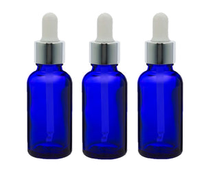 30ml Blue Glass Bottles with Silver/White Glass Pipettes