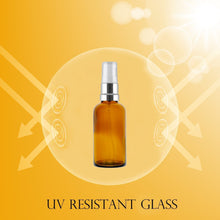 Load image into Gallery viewer, 50ml Amber Glass Bottles with Silver/White Treatment Pump and Clear Overcap