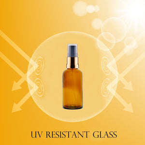 50ml Amber Glass Bottles with Gold/Black Treatment Pump and Clear Overcap