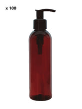 Load image into Gallery viewer, 200ml Tall Amber Plastic Bottles with 24mm 410 Black Lotion Pump