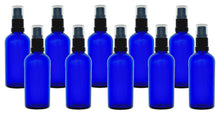 Load image into Gallery viewer, 100ml Blue Glass Bottles with Black Atomiser Spray and Clear Overcap