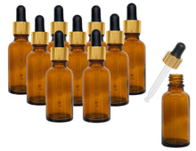 Load image into Gallery viewer, 30ml Amber Glass Bottles with Gold/Black Glass Pipettes