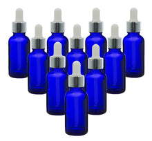 Load image into Gallery viewer, 30ml Blue Glass Bottles with Silver/White Glass Pipettes