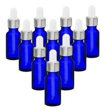 Load image into Gallery viewer, 20ml Blue Glass Bottles with Silver/White Glass Pipettes