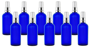 100ml Blue Glass Bottles with Silver/White Treatment Pump and Clear Overcap