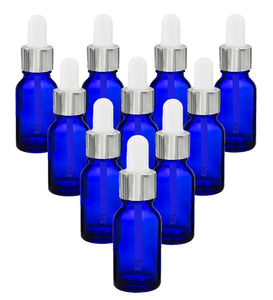15ml Blue Glass Bottles with Silver/White Glass Pipettes