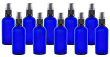 Load image into Gallery viewer, 100ml Blue Glass Bottles with Black Treatment Pump and Clear Overcap