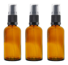 Load image into Gallery viewer, 50ml Amber Glass Bottles with Black Treatment Pump and Clear Overcap