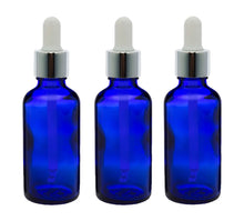 Load image into Gallery viewer, 50ml Blue Glass Bottles with Silver/White Glass Pipettes
