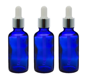 50ml Blue Glass Bottles with Silver/White Glass Pipettes