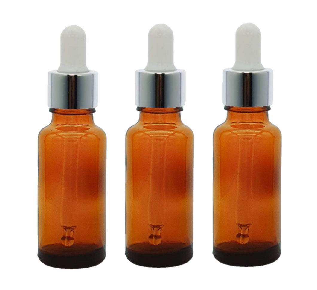 25ml Amber Glass Bottles with Silver/White Glass Pipettes