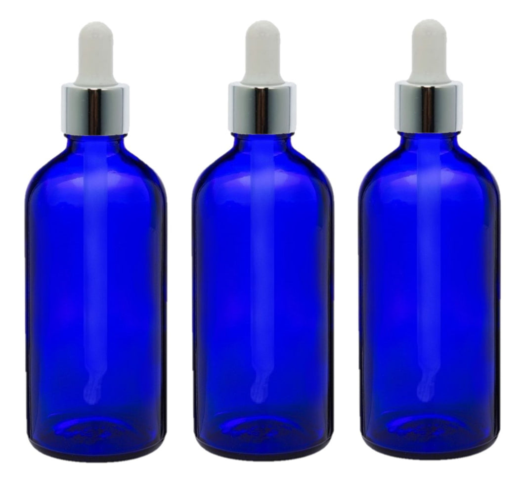 100ml Blue Glass Bottles with Silver/White Glass Pipettes