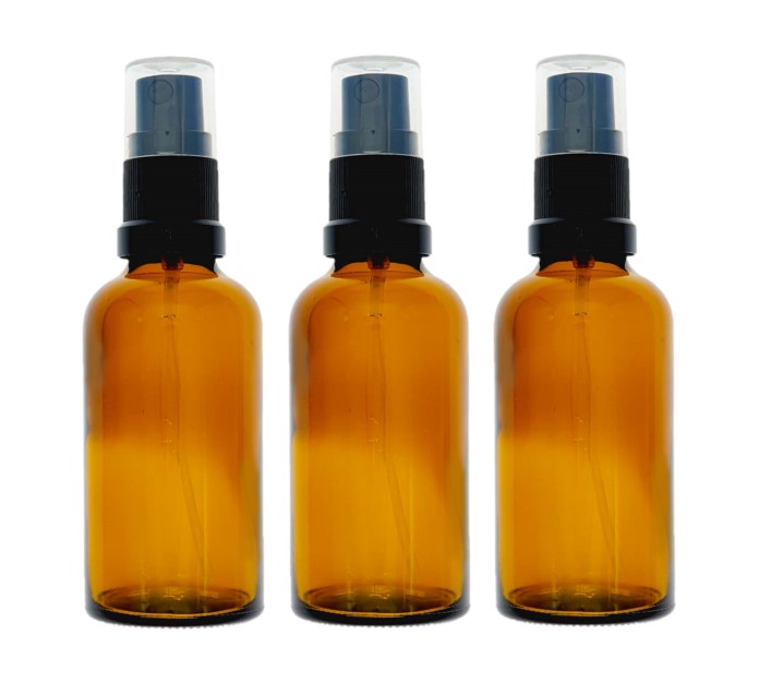 50ml Amber Glass Bottles with Black Atomiser Spray and Clear Overcap
