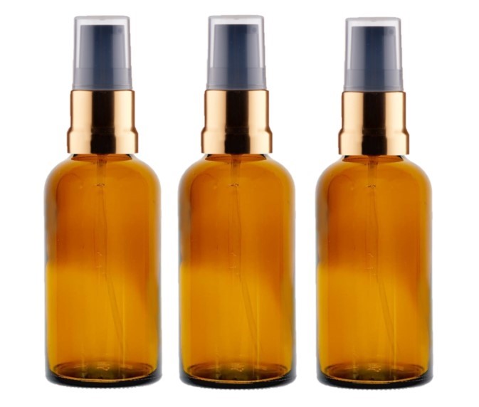 50ml Amber Glass Bottles with Gold/Black Treatment Pump and Clear Overcap