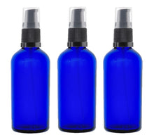 Load image into Gallery viewer, 100ml Blue Glass Bottles with Black Treatment Pump and Clear Overcap