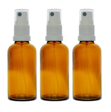 Load image into Gallery viewer, 50ml Amber Glass Bottles with White Atomiser Spray and Clear Overcap