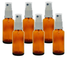 Load image into Gallery viewer, 25ml Amber Glass Bottles with White Atomiser Spray and Clear Overcap