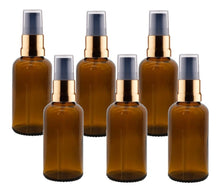 Load image into Gallery viewer, 30ml Amber Glass Bottles with Gold/Black Treatment Pump and Clear Overcap
