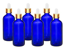 Load image into Gallery viewer, 100ml Blue Glass Bottles with Gold/White Glass Pipettes