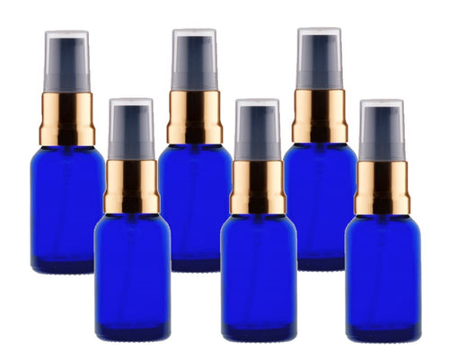 15ml Blue Glass Bottles with Gold/Black Treatment Pump and Clear Overcap