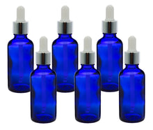 Load image into Gallery viewer, 50ml Blue Glass Bottles with Silver/White Glass Pipettes