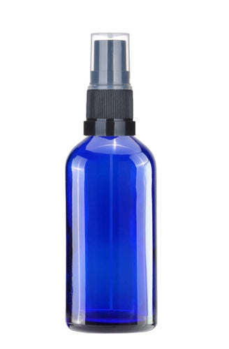 100ml Blue Glass Bottles with Black Atomiser Spray and Clear Over Cap